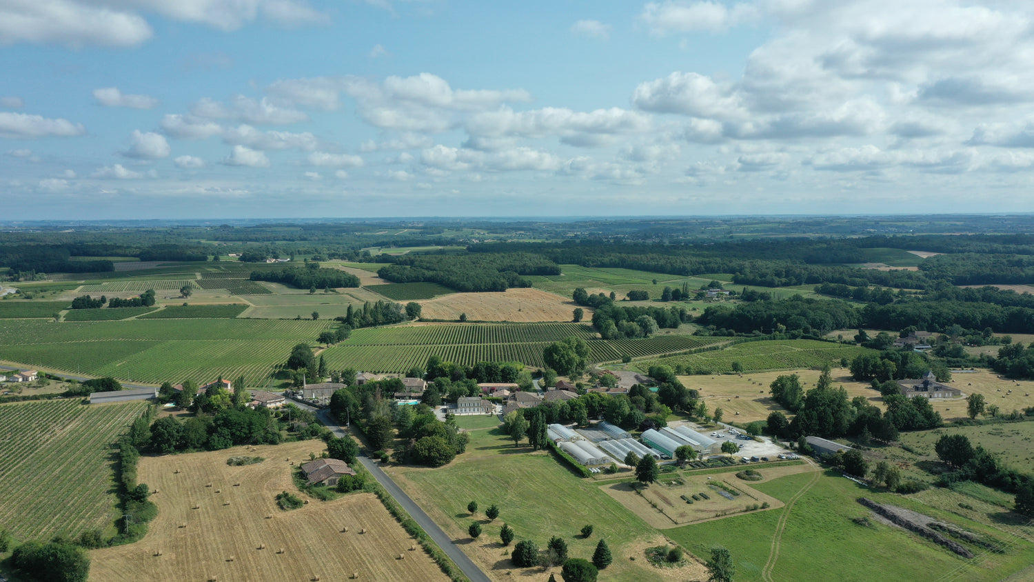 Vue du ciel du Domaine avec le bourg du Puch et nos vignes et serres de production. 